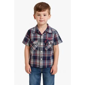 Dickies Boys’ Short Sleeve Plaid Button-Down Shirt Size S 6/7, Red/Navy/White